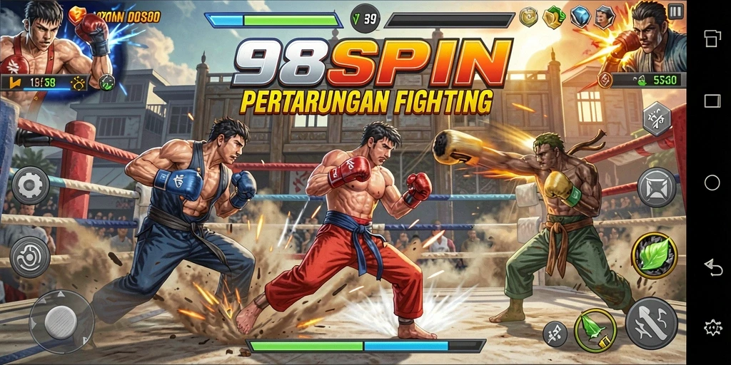 Gameplay seru 98SPIN dengan karakter Fighting beraksi.