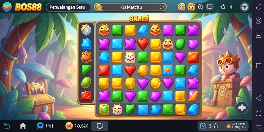 Screenshot gameplay BOS88 yang menampilkan kombinasi Match-3 penuh warna.