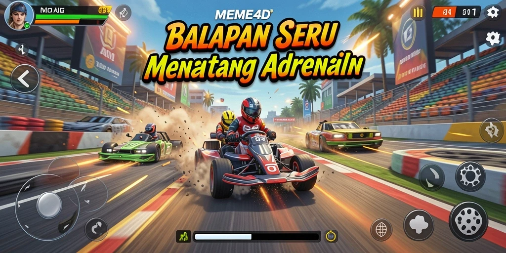 Tampilan gameplay intesif MEME4D dengan mobil balap di lintasan.