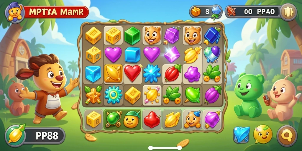 Gameplay seru PP88 menampilkan pencocokan item Match-3 yang menarik.