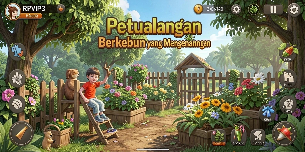 Screenshot utama RPVIP3 menunjukkan keseruan bertani di ladang yang luas.
